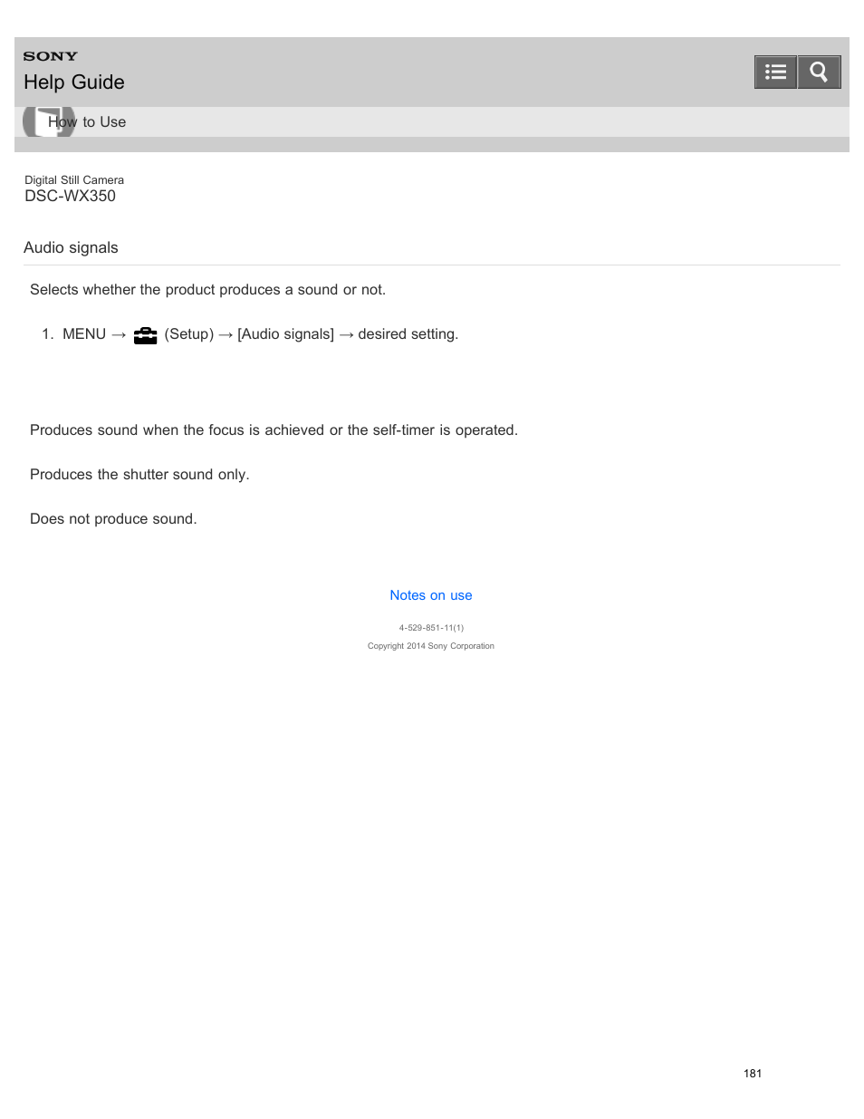 Audio signals, Help guide | Sony DSC-WX350 User Manual | Page 185 / 319