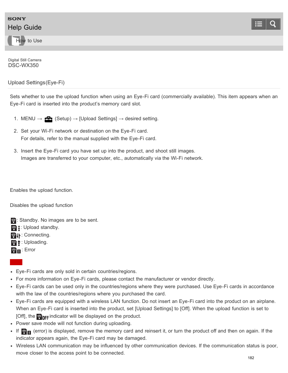 Upload settings(eye-fi), Help guide | Sony DSC-WX350 User Manual | Page 186 / 319