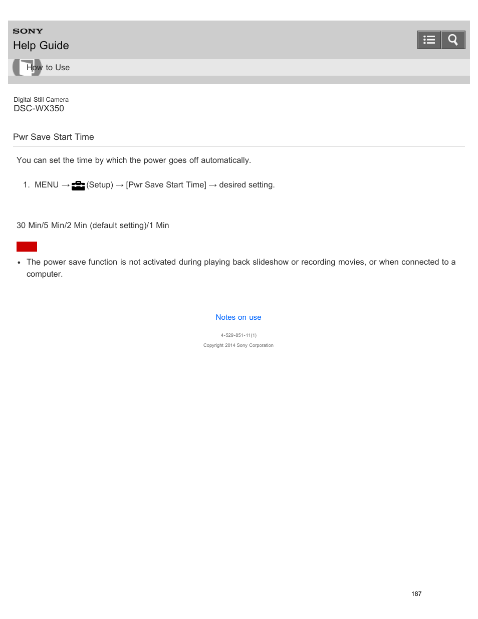 Pwr save start time, Help guide | Sony DSC-WX350 User Manual | Page 191 / 319