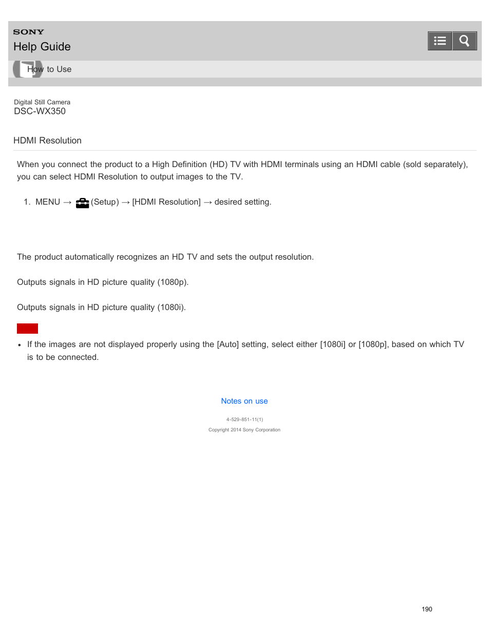 Hdmi resolution, Help guide | Sony DSC-WX350 User Manual | Page 194 / 319