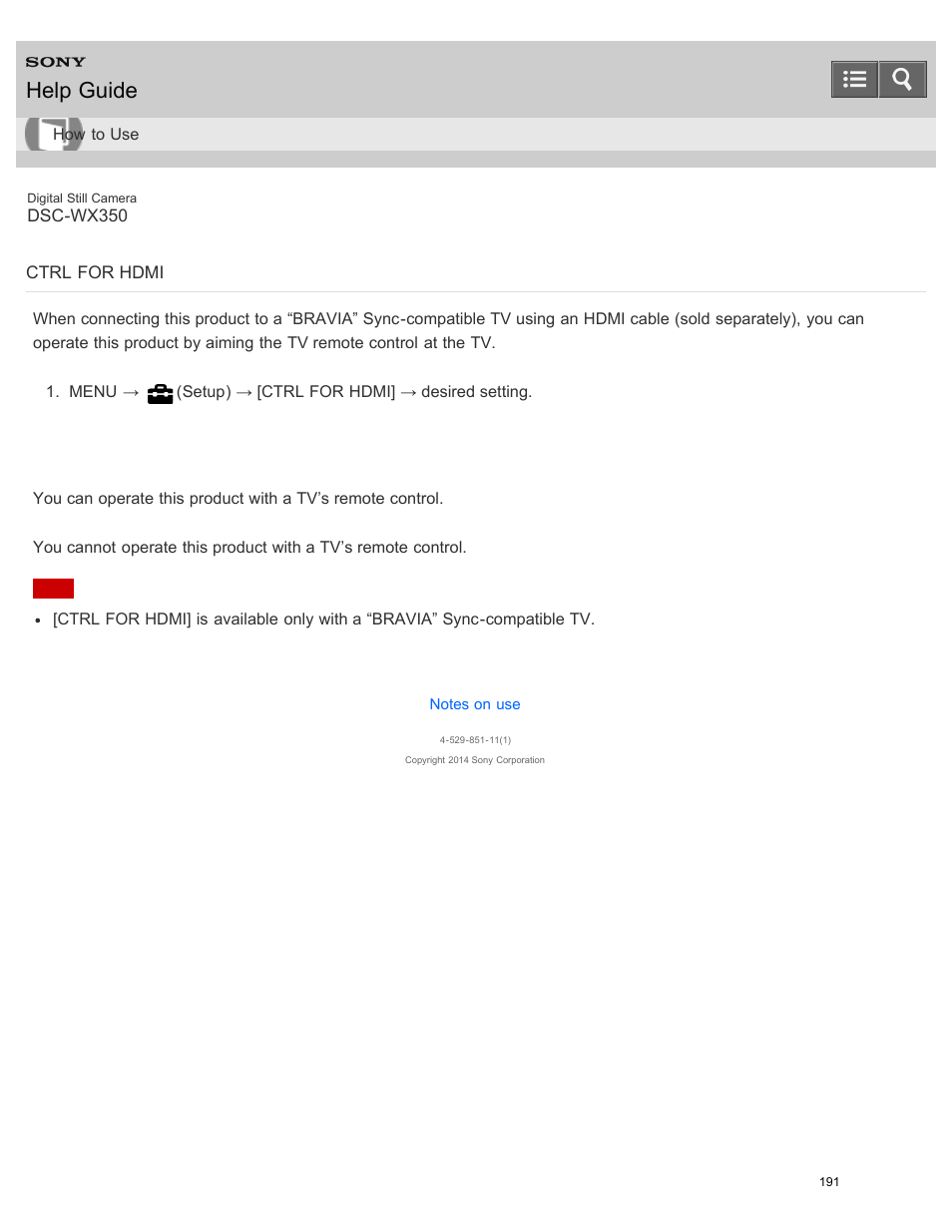 Ctrl for hdmi, Help guide | Sony DSC-WX350 User Manual | Page 195 / 319