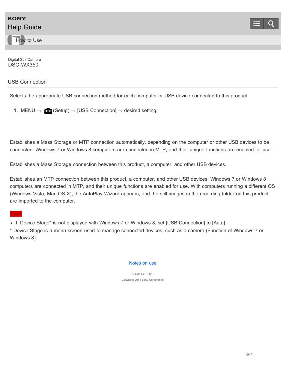 Usb connection, Help guide | Sony DSC-WX350 User Manual | Page 196 / 319