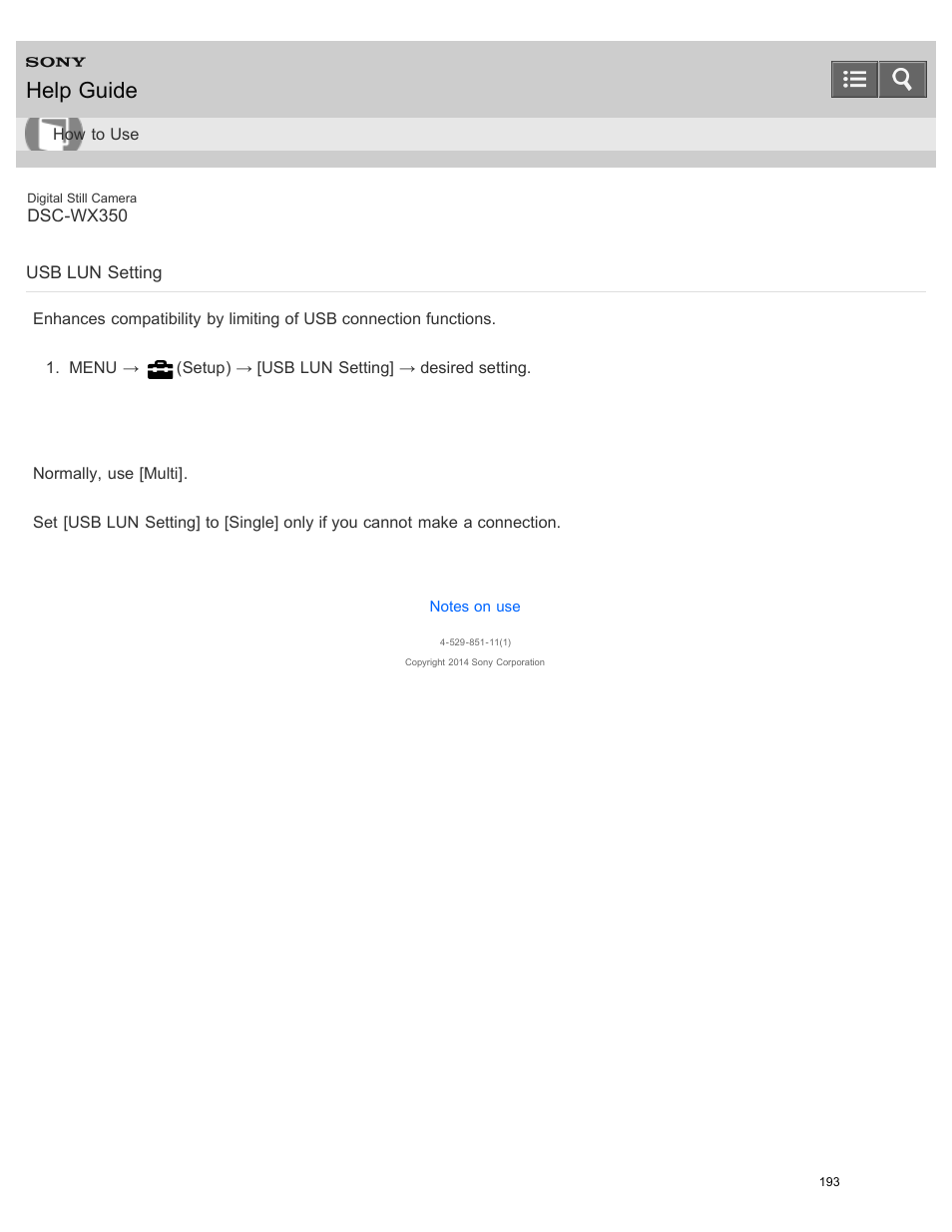 Usb lun setting, Help guide | Sony DSC-WX350 User Manual | Page 197 / 319