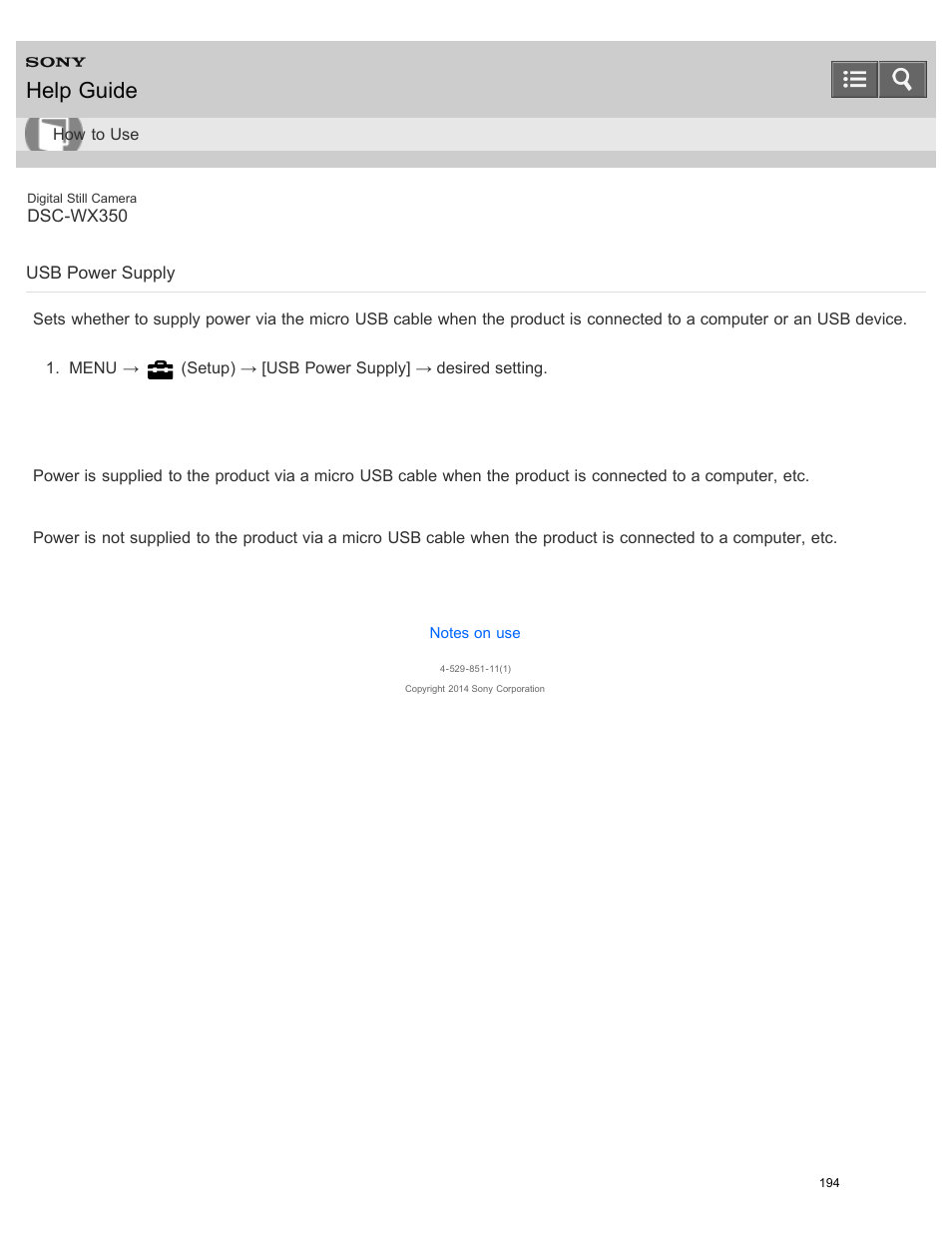 Usb power supply, Help guide | Sony DSC-WX350 User Manual | Page 198 / 319