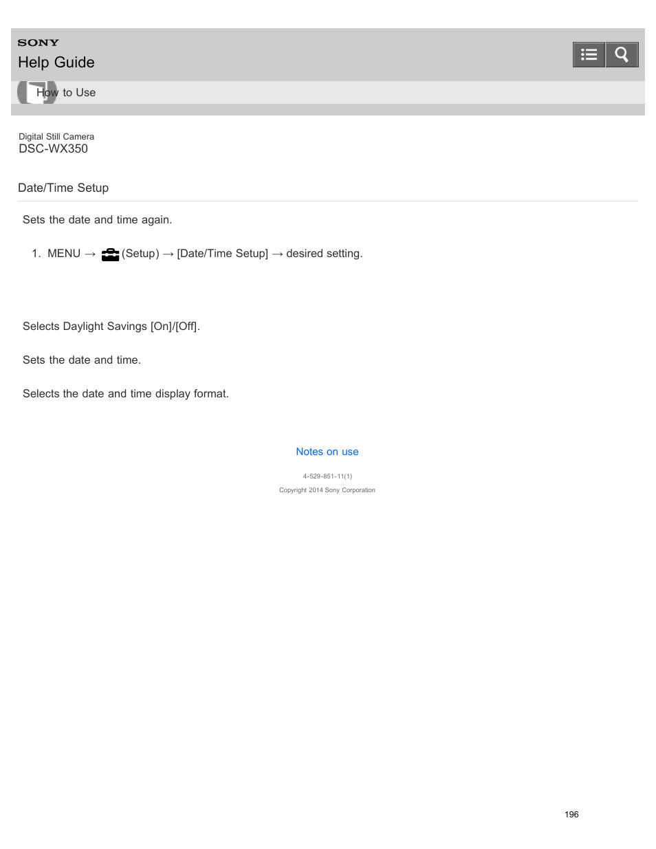 Date/time setup, Sets the date and time again, Help guide | Sony DSC-WX350 User Manual | Page 200 / 319