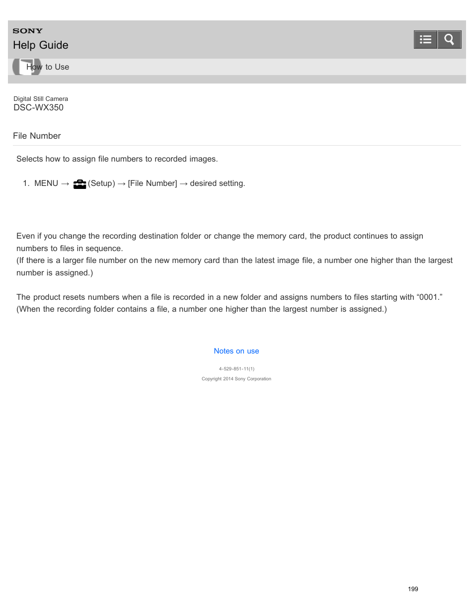 File number, Help guide | Sony DSC-WX350 User Manual | Page 203 / 319