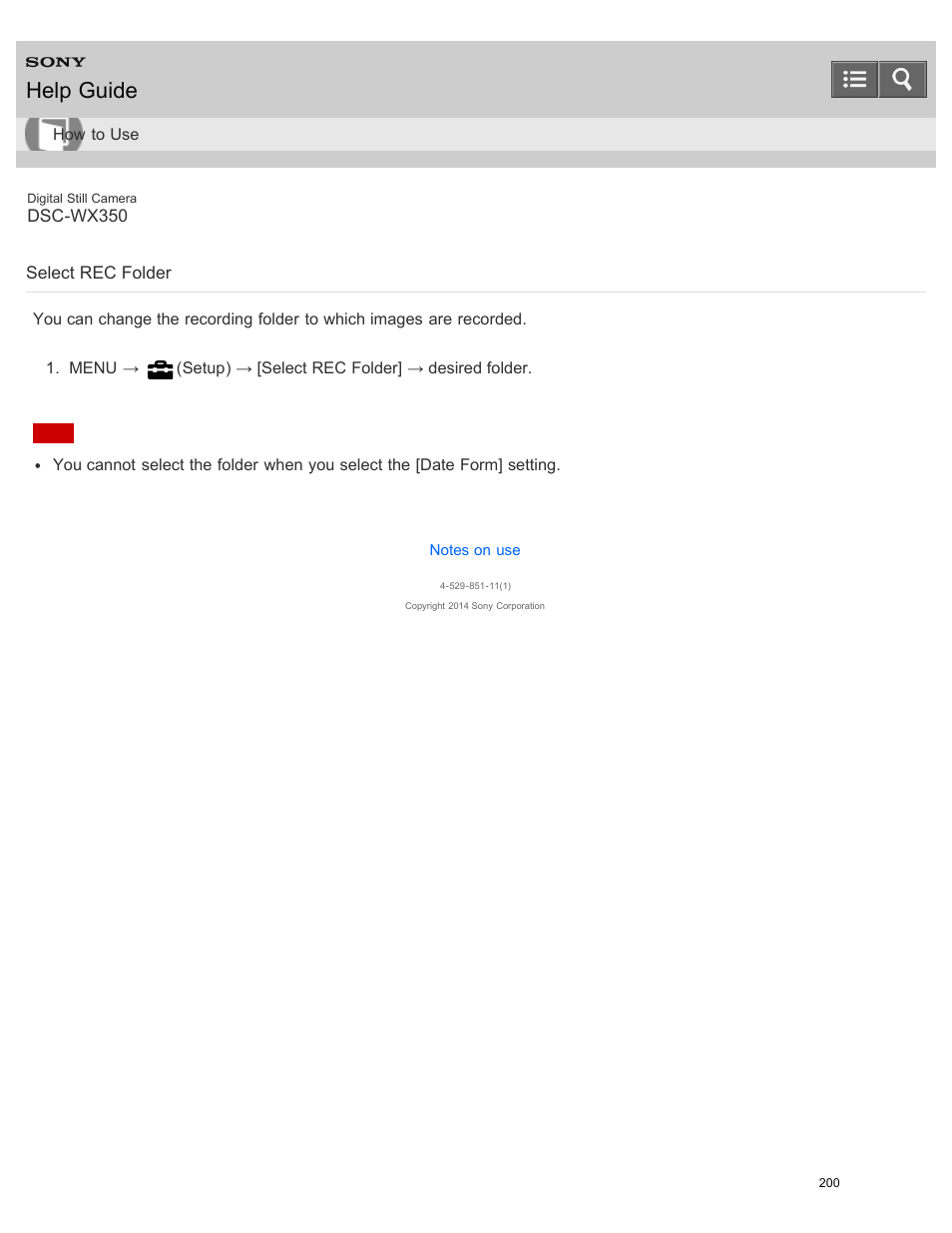Select rec folder, Help guide | Sony DSC-WX350 User Manual | Page 204 / 319