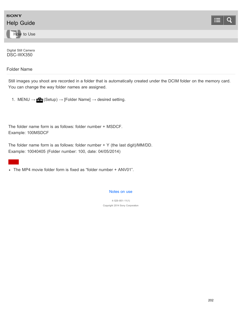 Folder name, Help guide | Sony DSC-WX350 User Manual | Page 206 / 319