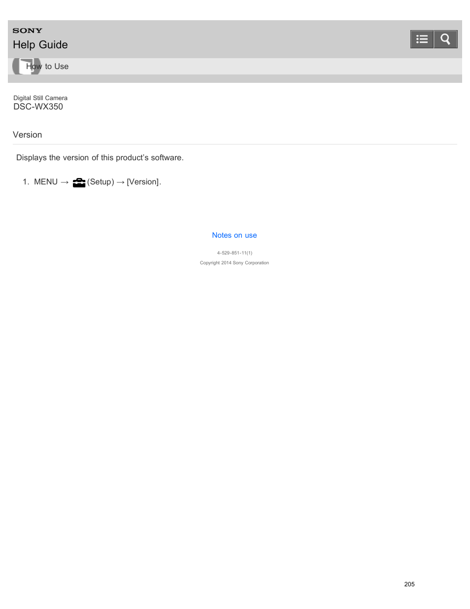 Version, Displays the version of this product’s software, Help guide | Sony DSC-WX350 User Manual | Page 209 / 319