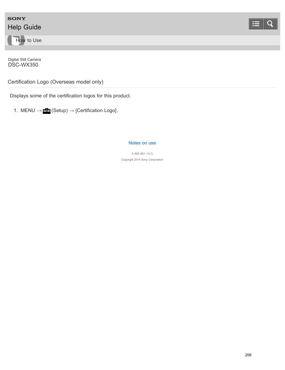 Certification logo (overseas model only), Help guide | Sony DSC-WX350 User Manual | Page 210 / 319
