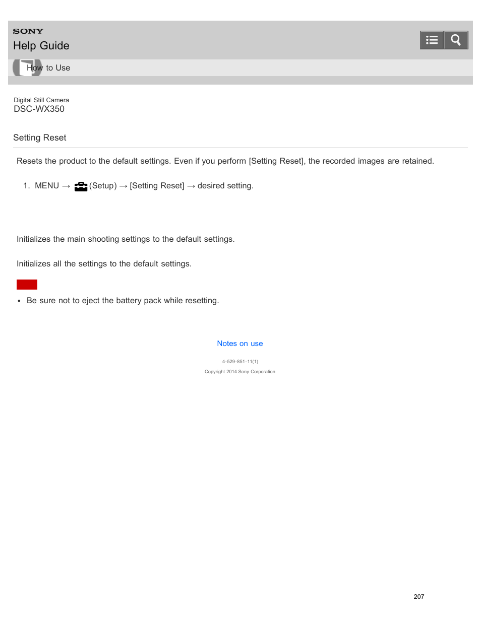 Setting reset, Resets the product to the default settings, Help guide | Sony DSC-WX350 User Manual | Page 211 / 319