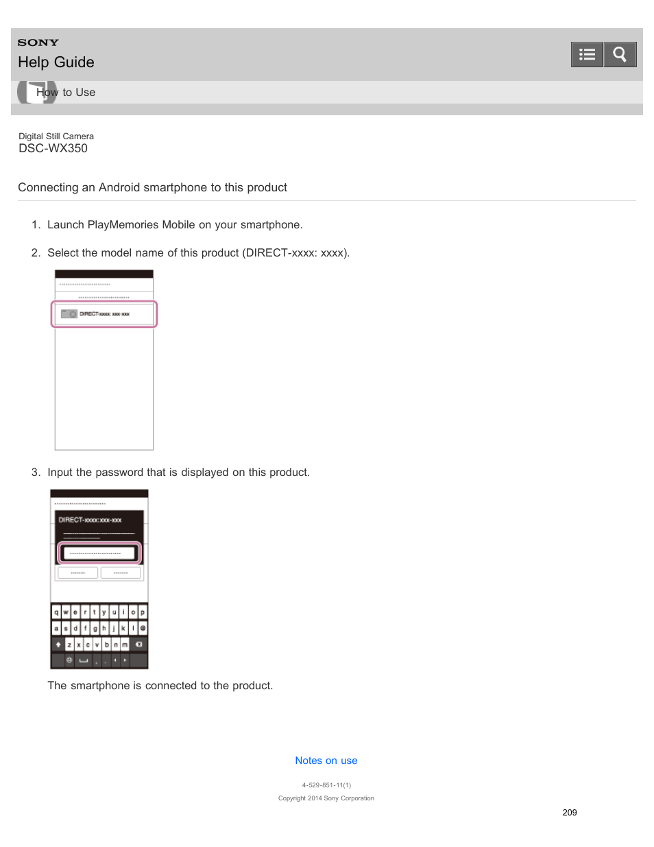 Connecting an android smartphone to this product, Help guide | Sony DSC-WX350 User Manual | Page 213 / 319