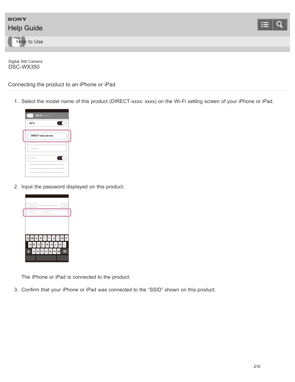Connecting the product to an iphone or ipad, Help guide | Sony DSC-WX350 User Manual | Page 214 / 319