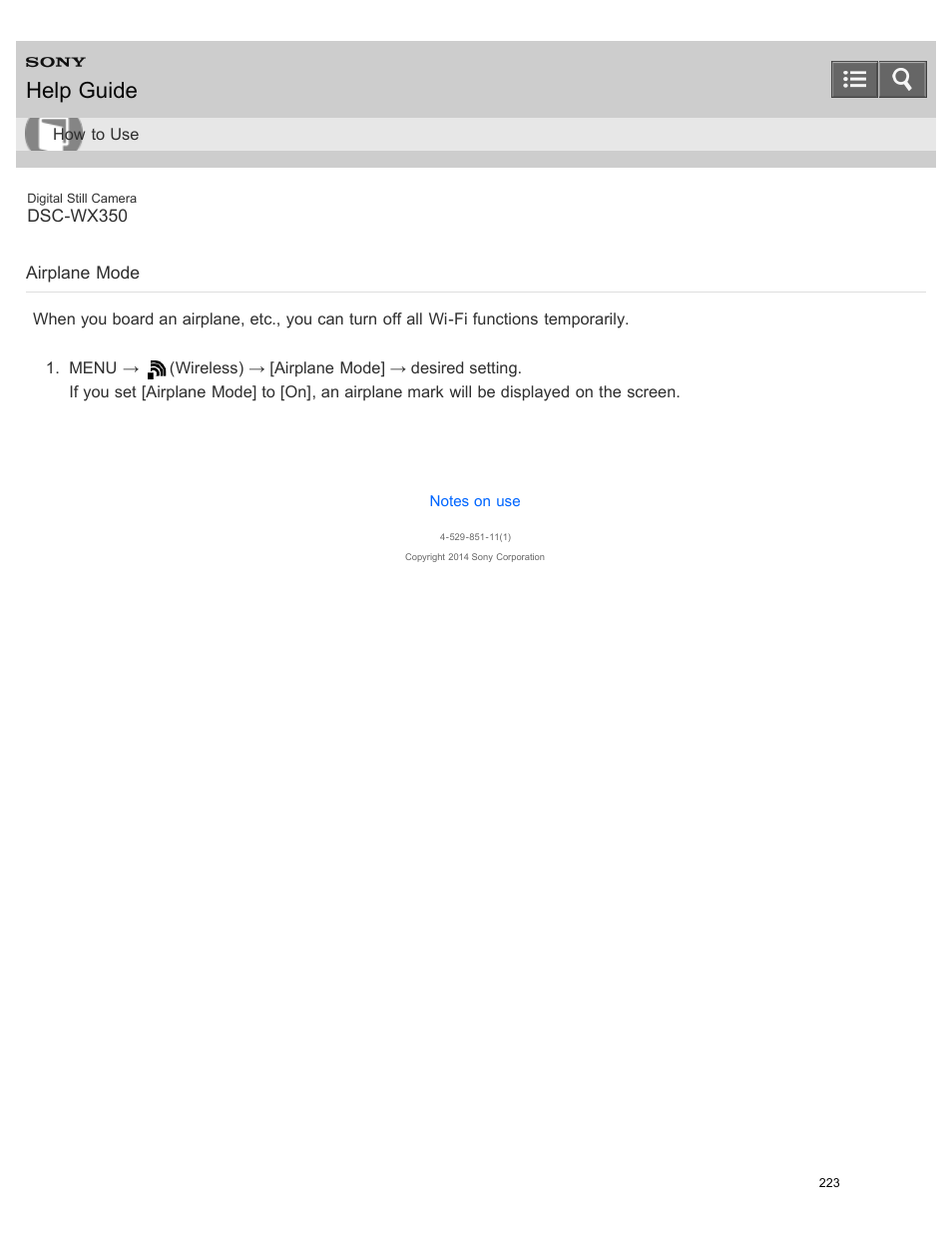 Airplane mode, Help guide | Sony DSC-WX350 User Manual | Page 227 / 319