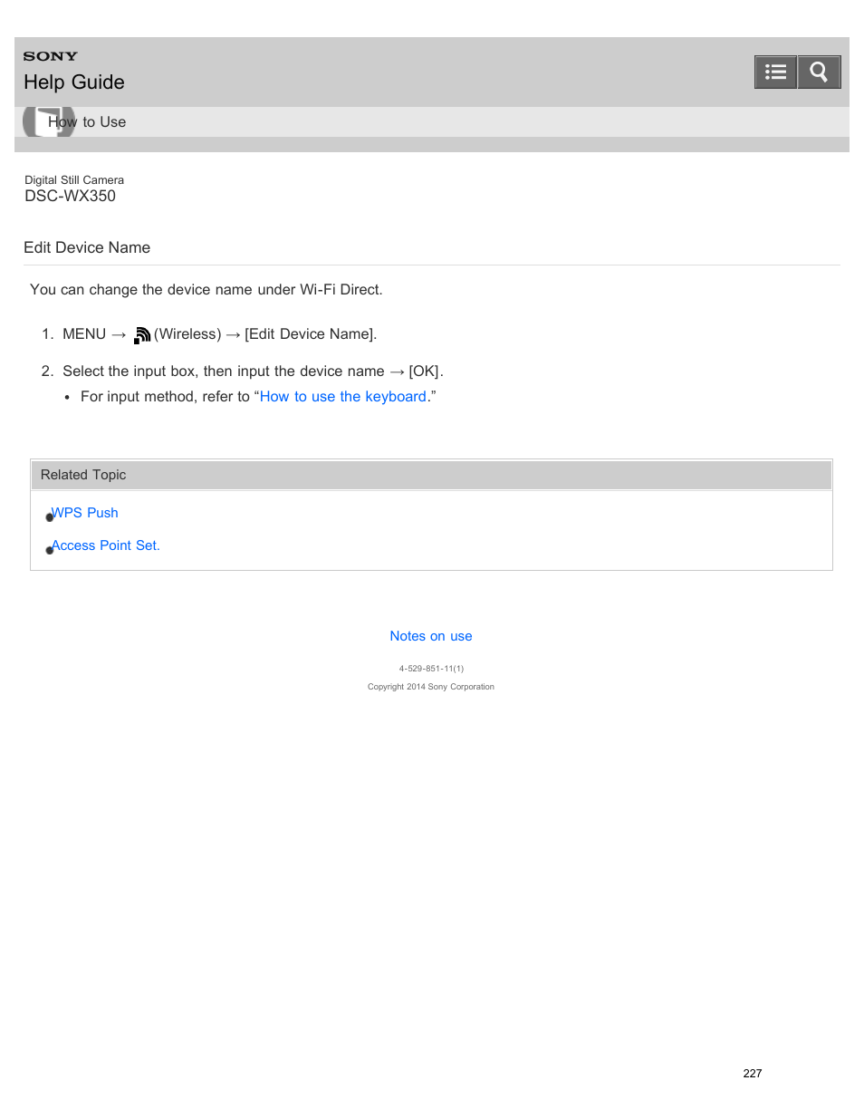 Edit device name, You can change the device name under wi-fi direct, Help guide | Sony DSC-WX350 User Manual | Page 231 / 319