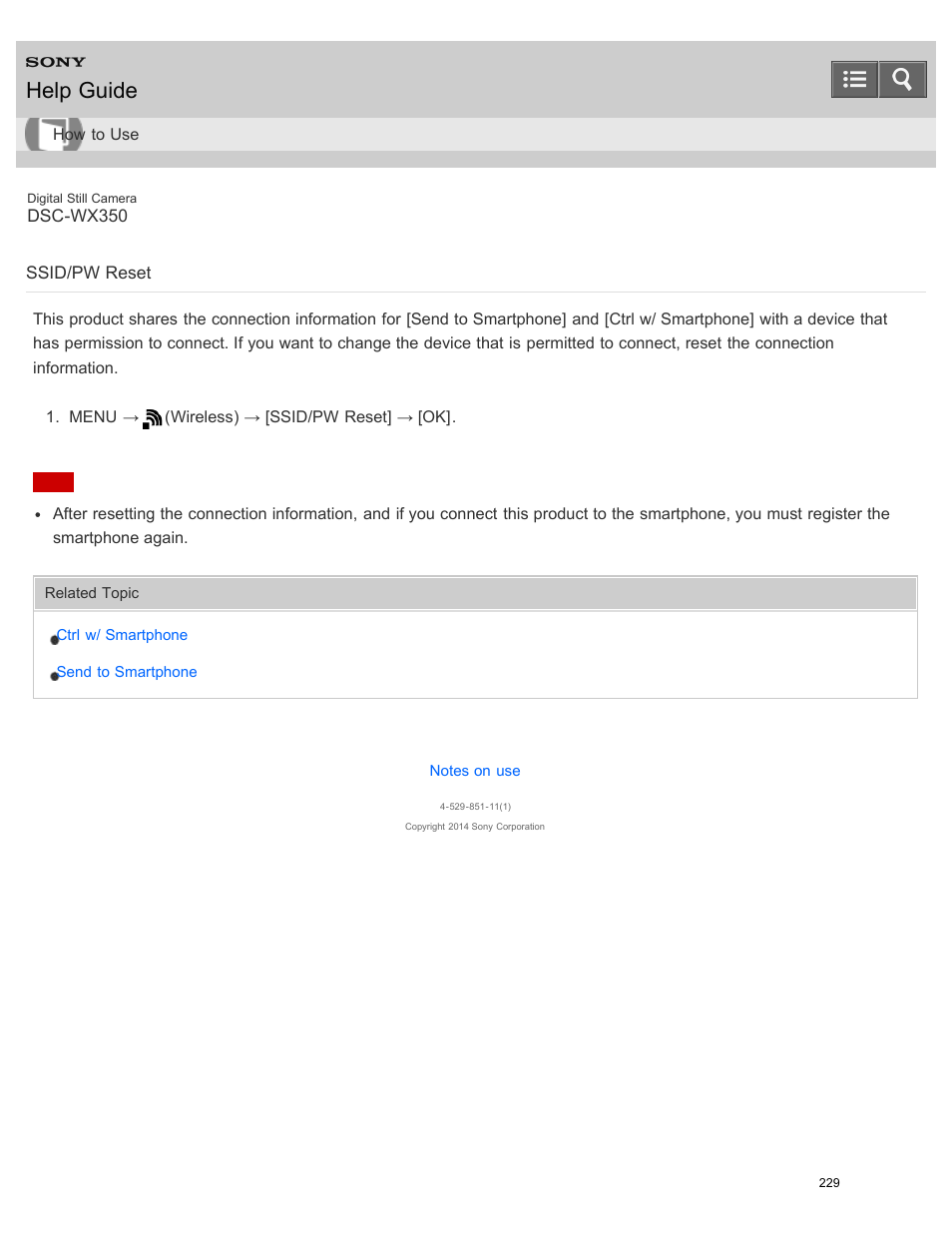 Ssid/pw reset, Help guide | Sony DSC-WX350 User Manual | Page 233 / 319