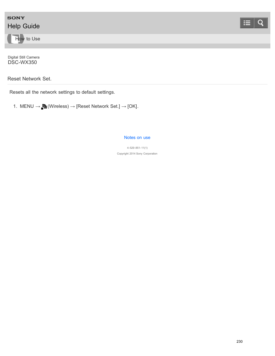 Reset network set, Help guide | Sony DSC-WX350 User Manual | Page 234 / 319
