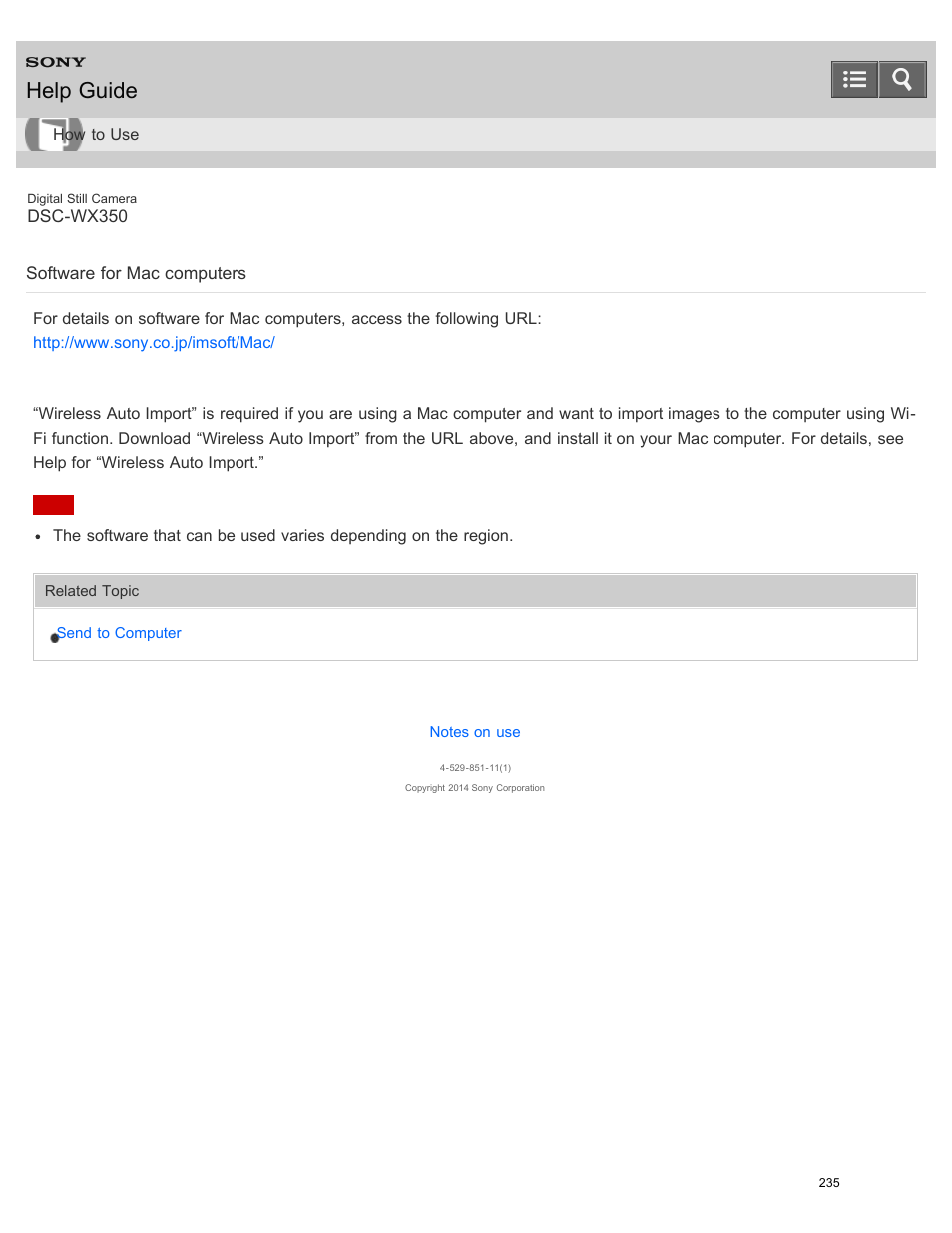 Software for mac computers, Help guide | Sony DSC-WX350 User Manual | Page 239 / 319