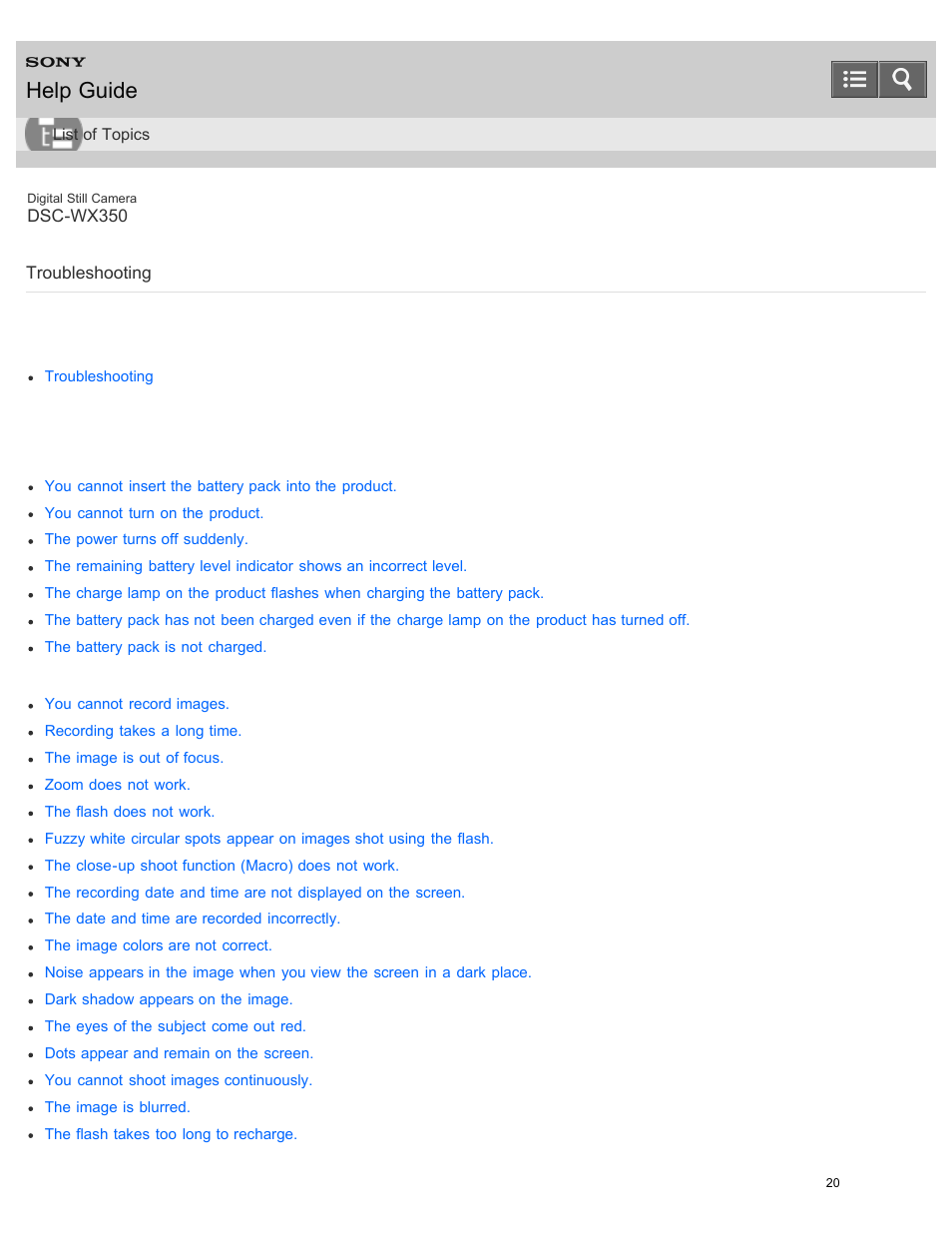 Troubleshooting, Help guide | Sony DSC-WX350 User Manual | Page 24 / 319
