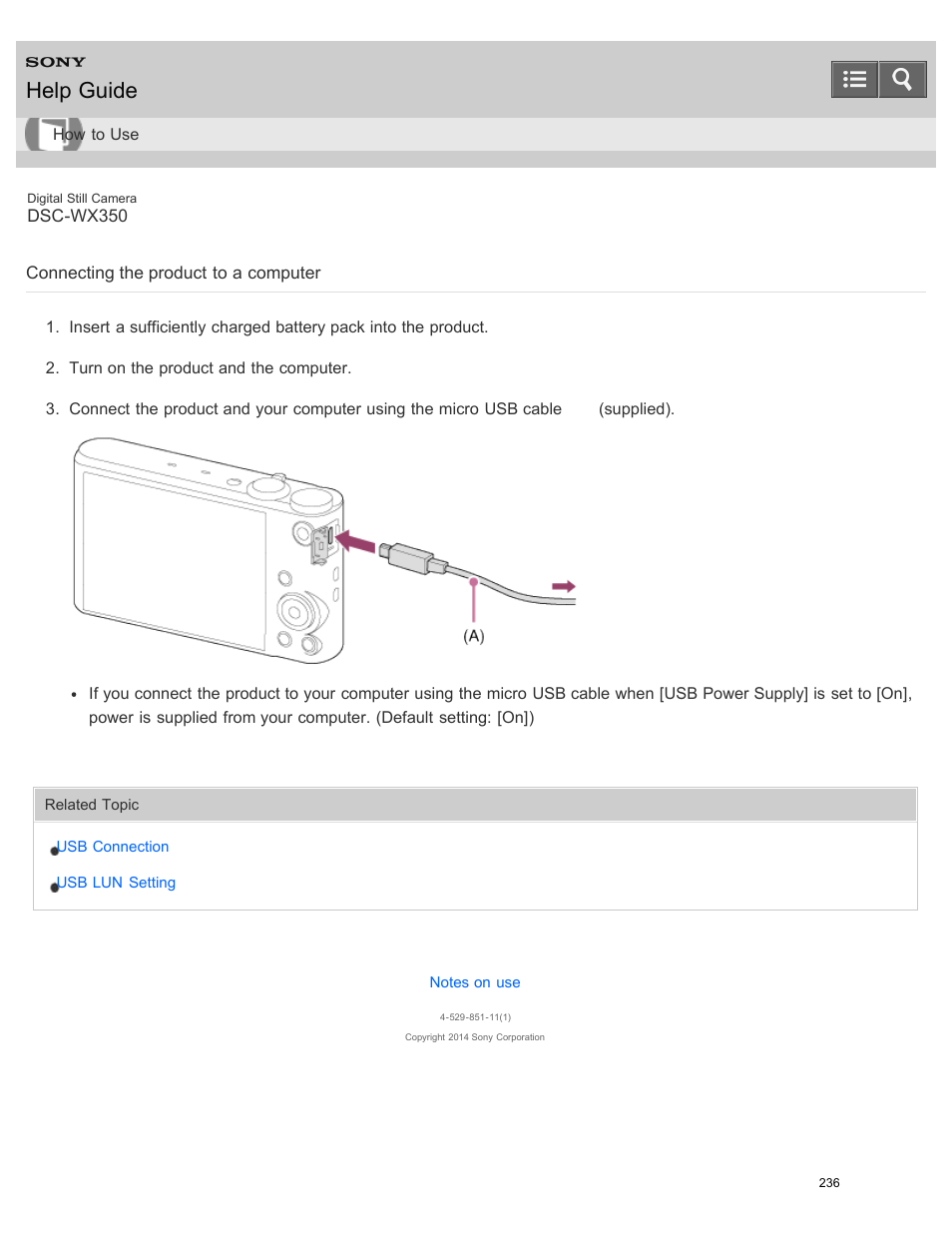 Connecting the product to a computer, Help guide | Sony DSC-WX350 User Manual | Page 240 / 319