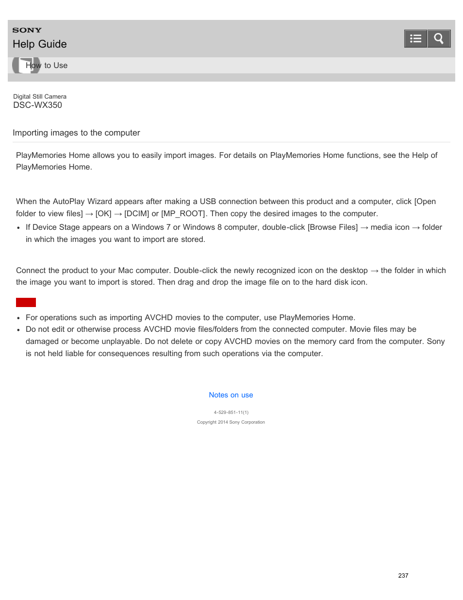 Importing images to the computer, Help guide | Sony DSC-WX350 User Manual | Page 241 / 319