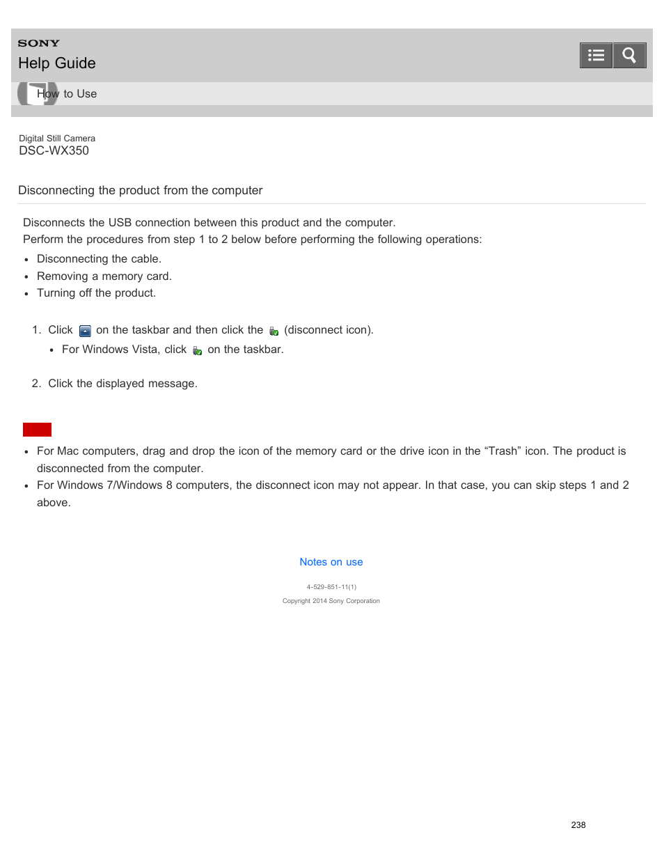 Disconnecting the product from the computer, Help guide | Sony DSC-WX350 User Manual | Page 242 / 319