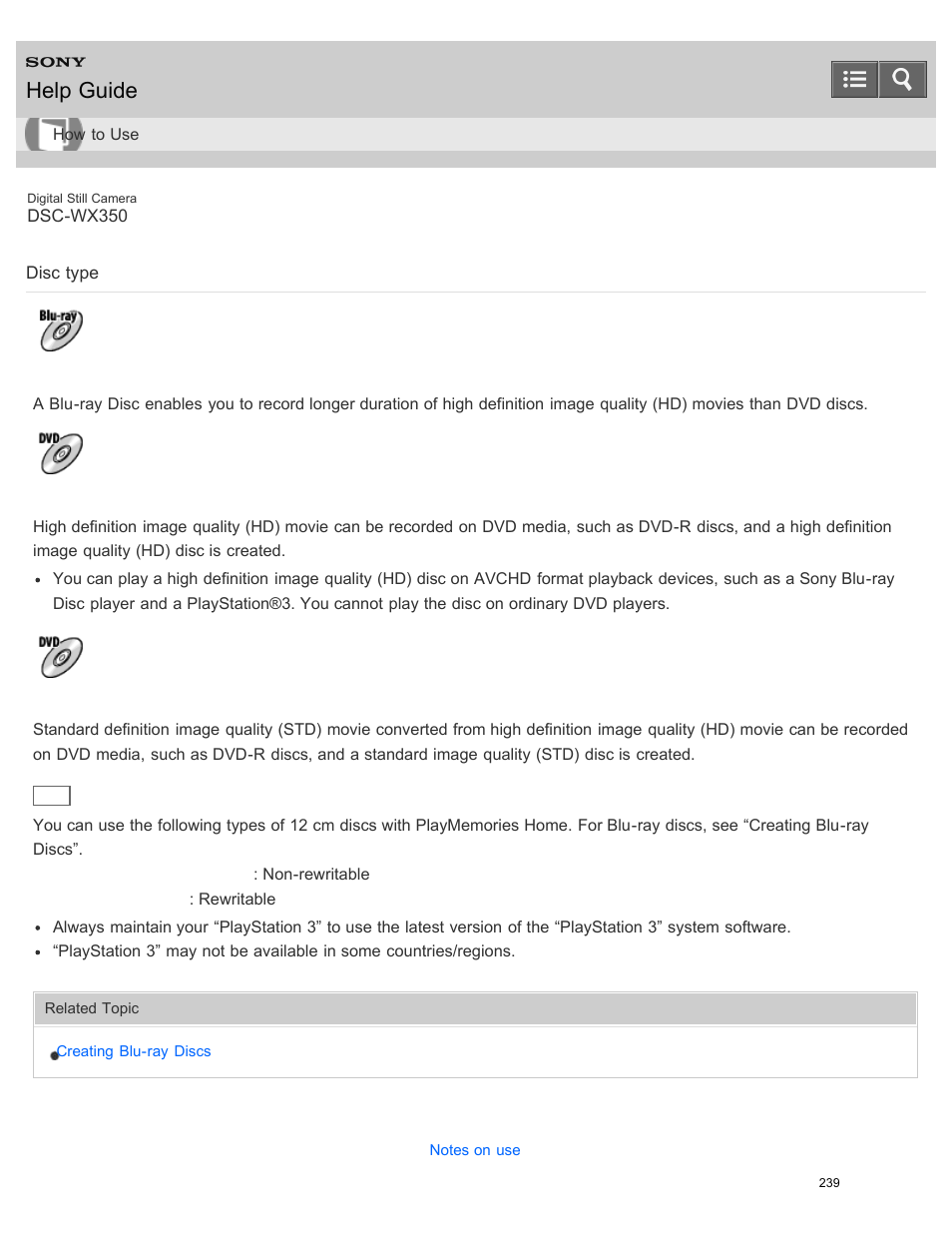 Disc type, Help guide | Sony DSC-WX350 User Manual | Page 243 / 319