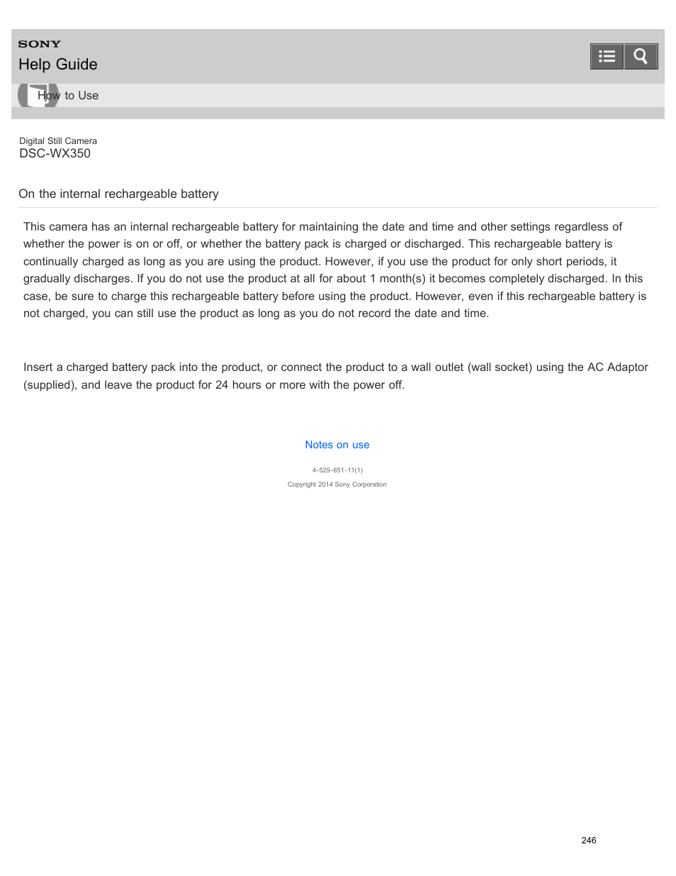 On the internal rechargeable battery, Help guide | Sony DSC-WX350 User Manual | Page 250 / 319