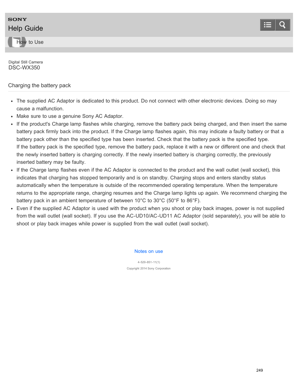 Charging the battery pack, Help guide | Sony DSC-WX350 User Manual | Page 253 / 319