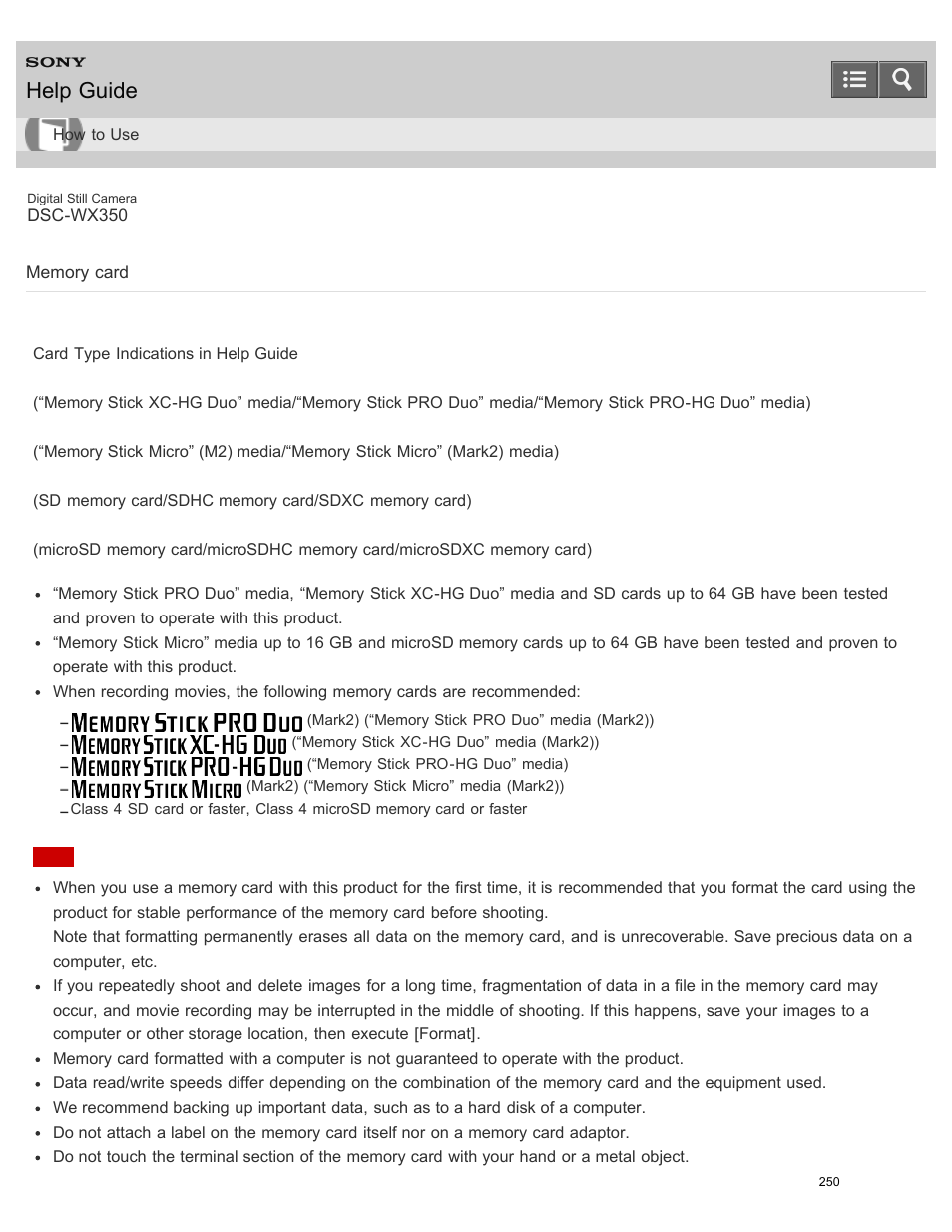 Memory card, Help guide | Sony DSC-WX350 User Manual | Page 254 / 319