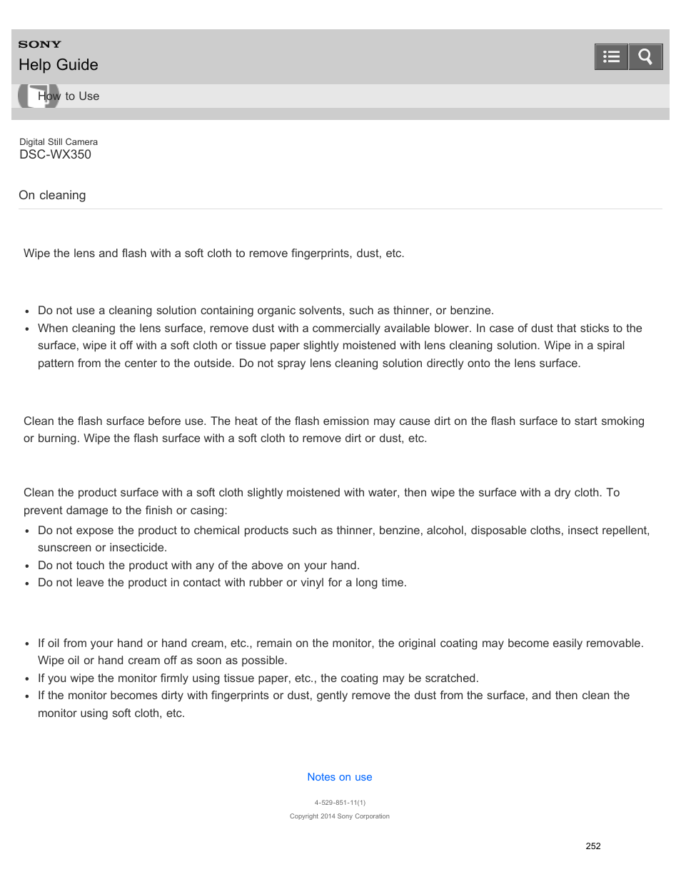 On cleaning, Help guide | Sony DSC-WX350 User Manual | Page 256 / 319