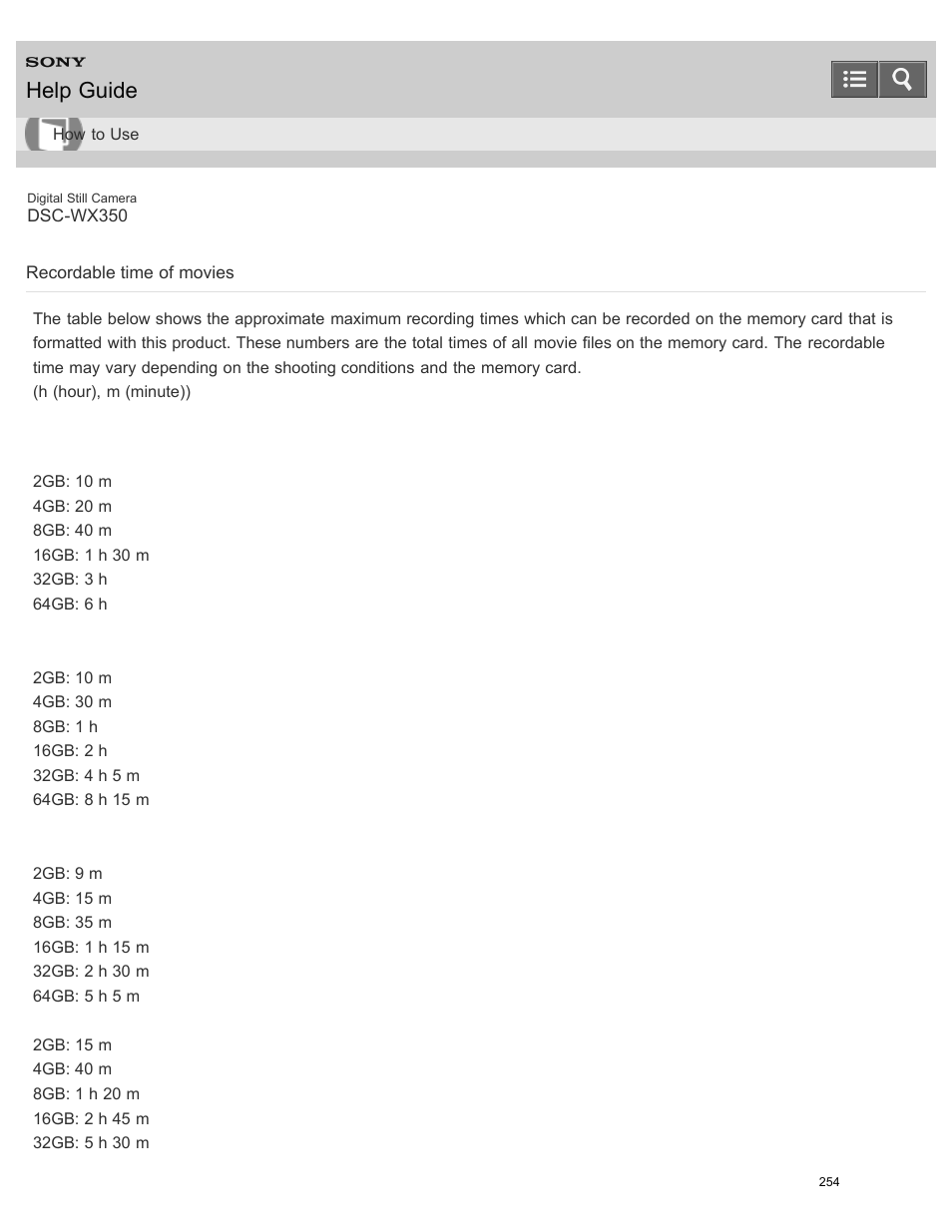 Recordable time of movies, Help guide | Sony DSC-WX350 User Manual | Page 258 / 319