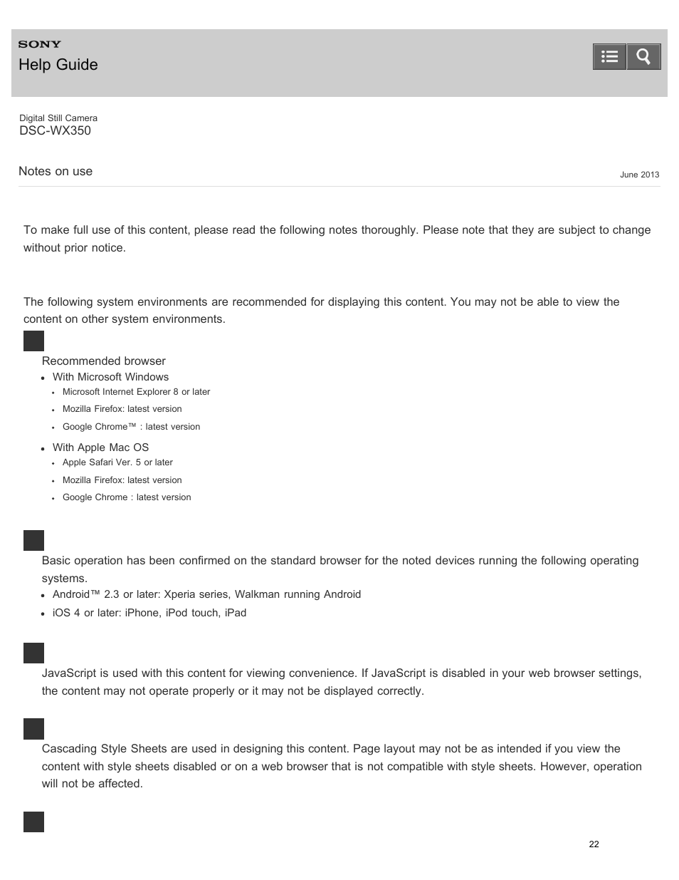 Notes on use, Help guide | Sony DSC-WX350 User Manual | Page 26 / 319