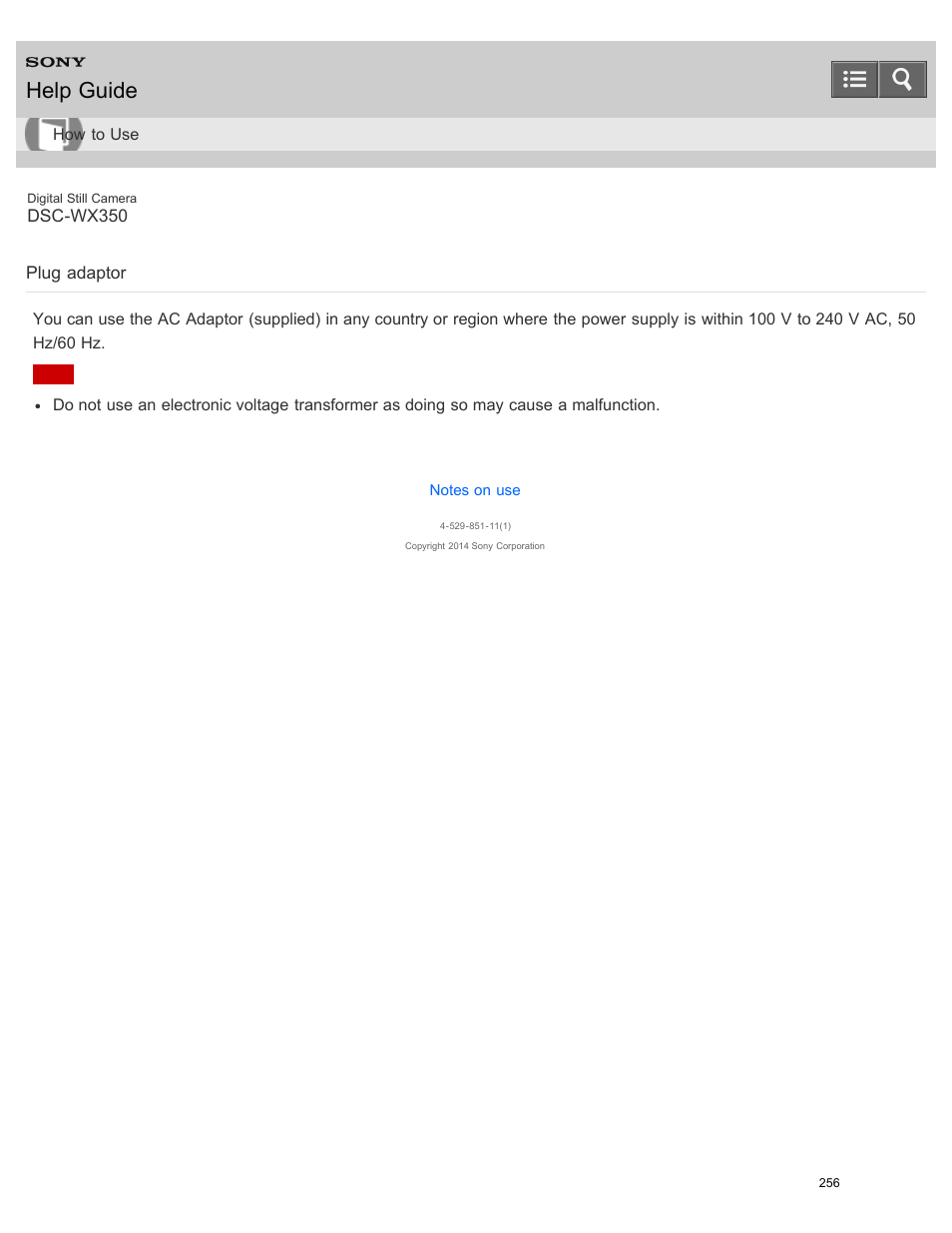 Plug adaptor, Help guide | Sony DSC-WX350 User Manual | Page 260 / 319