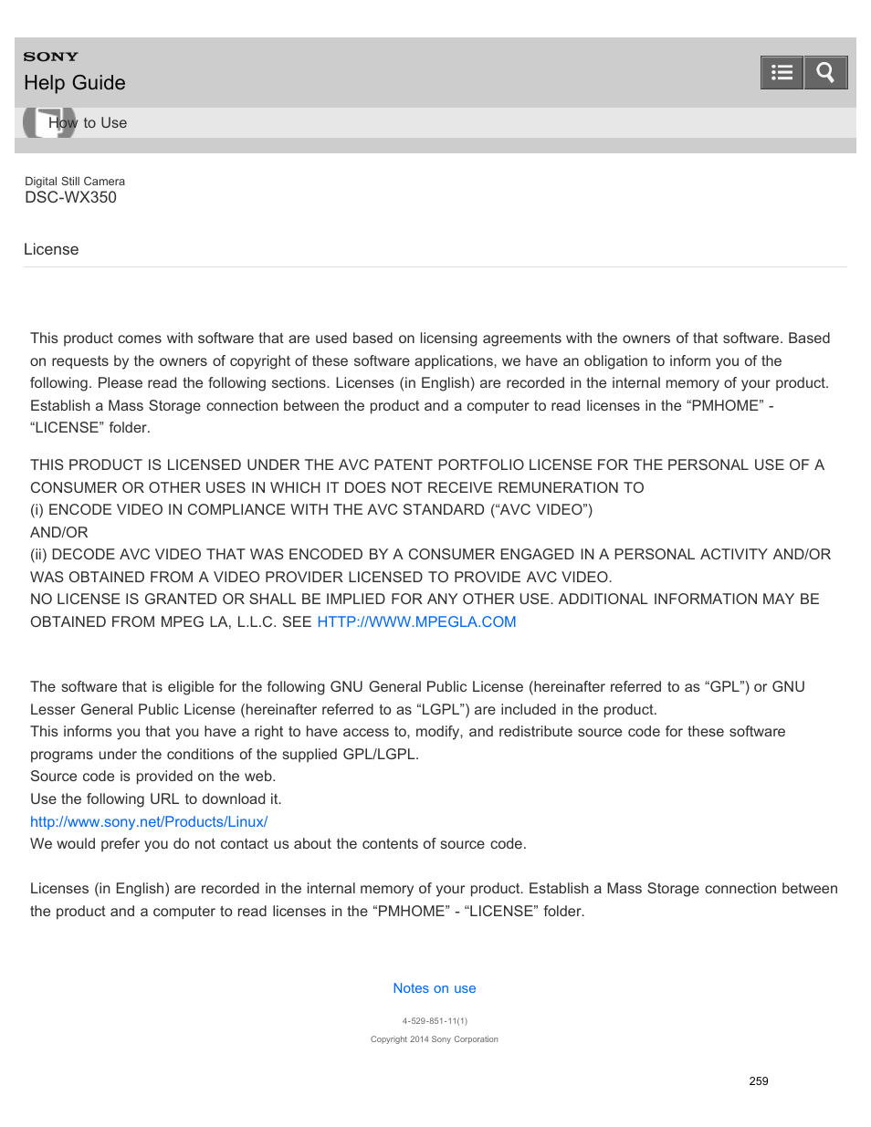License, Help guide | Sony DSC-WX350 User Manual | Page 263 / 319