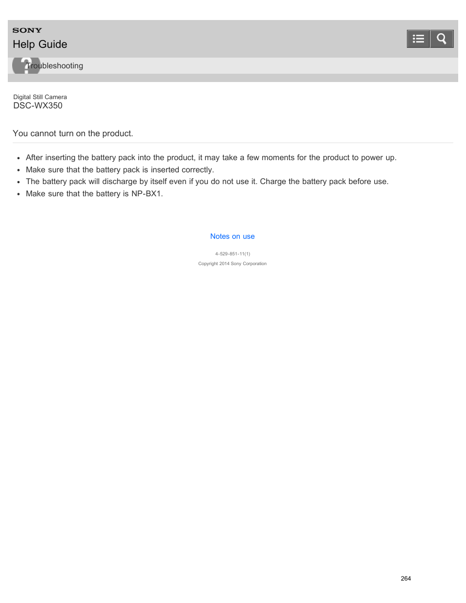 You cannot turn on the product, Help guide | Sony DSC-WX350 User Manual | Page 268 / 319