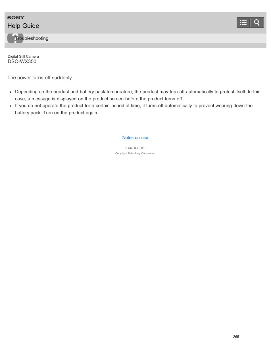 The power turns off suddenly, Help guide | Sony DSC-WX350 User Manual | Page 269 / 319