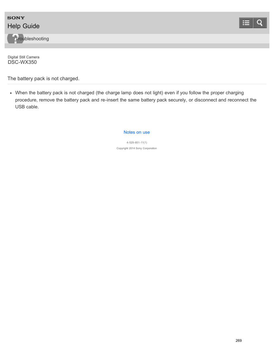 The battery pack is not charged, Help guide | Sony DSC-WX350 User Manual | Page 273 / 319