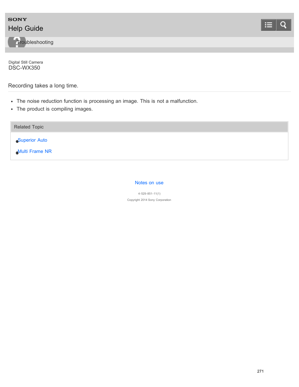 Recording takes a long time, Help guide | Sony DSC-WX350 User Manual | Page 275 / 319
