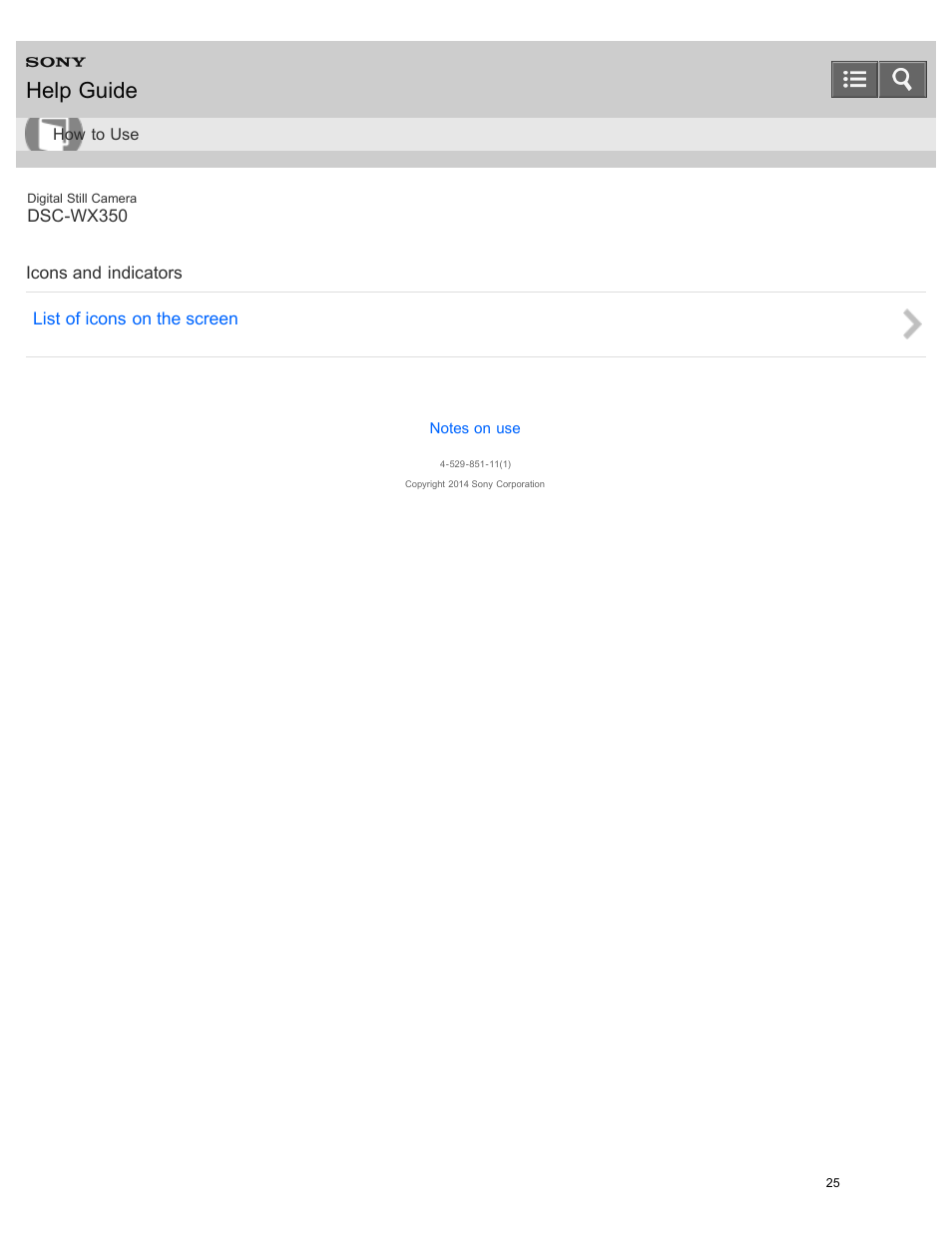 Icons and indicators, Help guide | Sony DSC-WX350 User Manual | Page 29 / 319