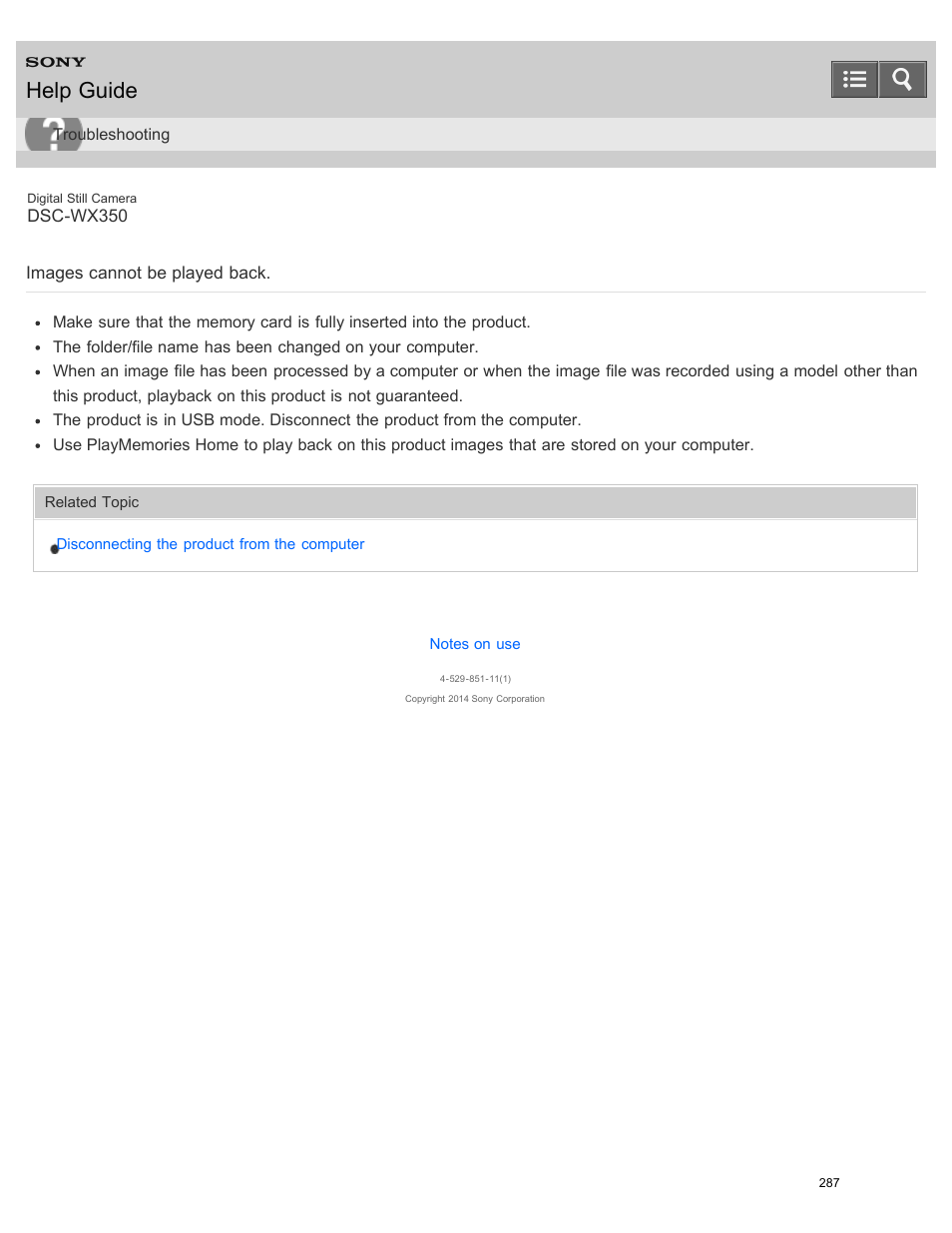 Images cannot be played back, Help guide | Sony DSC-WX350 User Manual | Page 291 / 319