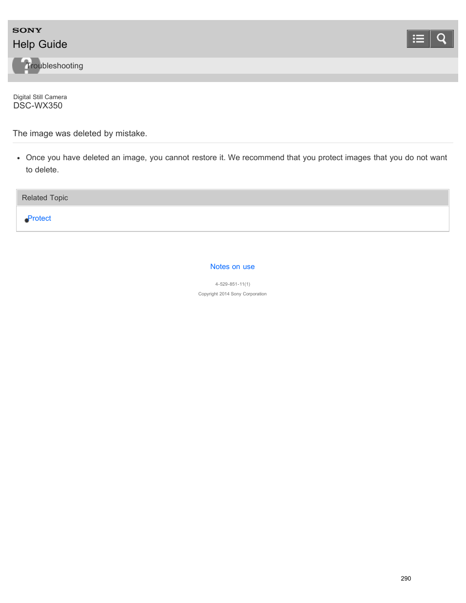 The image was deleted by mistake, Help guide | Sony DSC-WX350 User Manual | Page 294 / 319