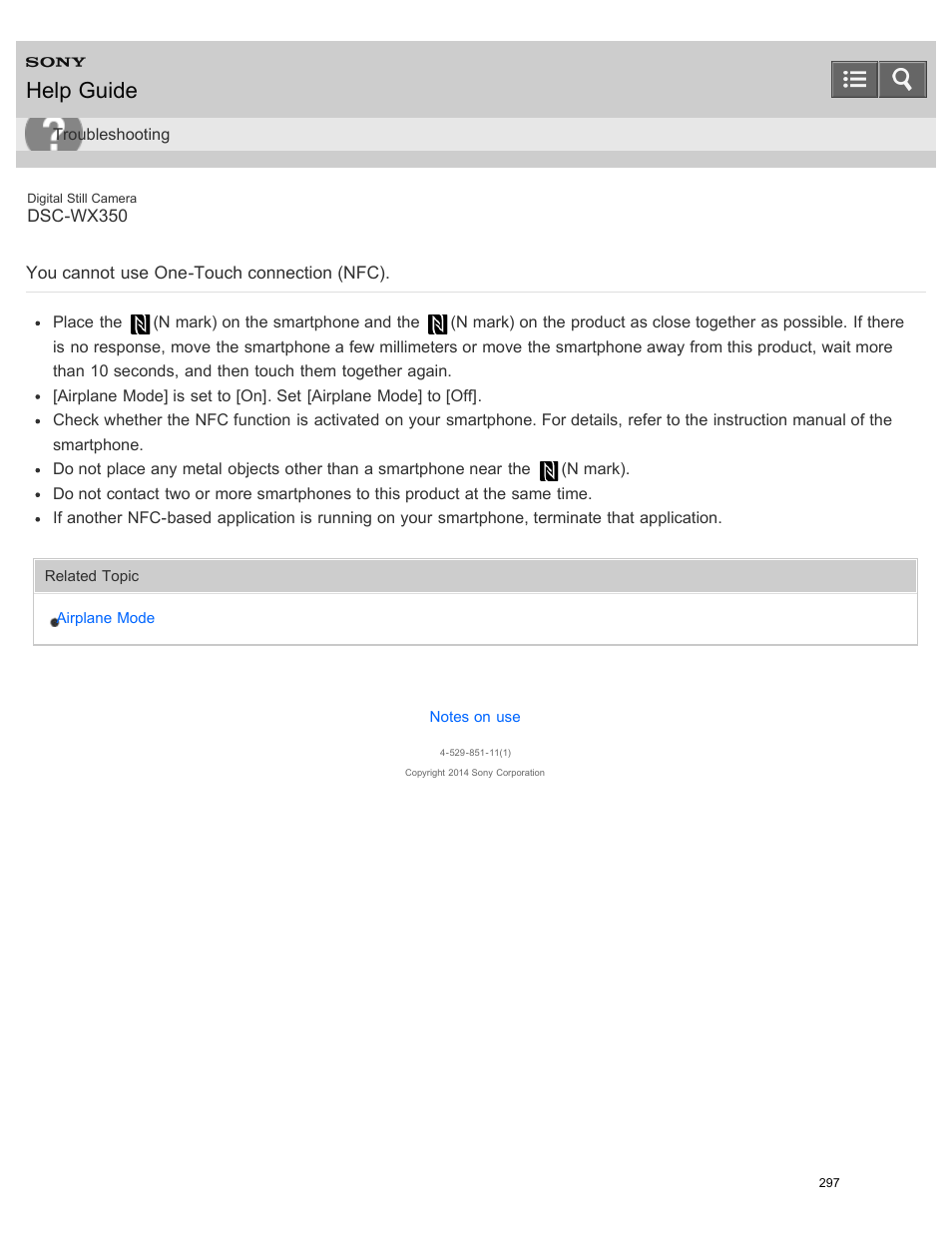 You cannot use one-touch connection (nfc), Help guide | Sony DSC-WX350 User Manual | Page 301 / 319