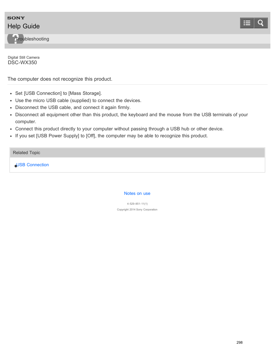 The computer does not recognize this product, Help guide | Sony DSC-WX350 User Manual | Page 302 / 319