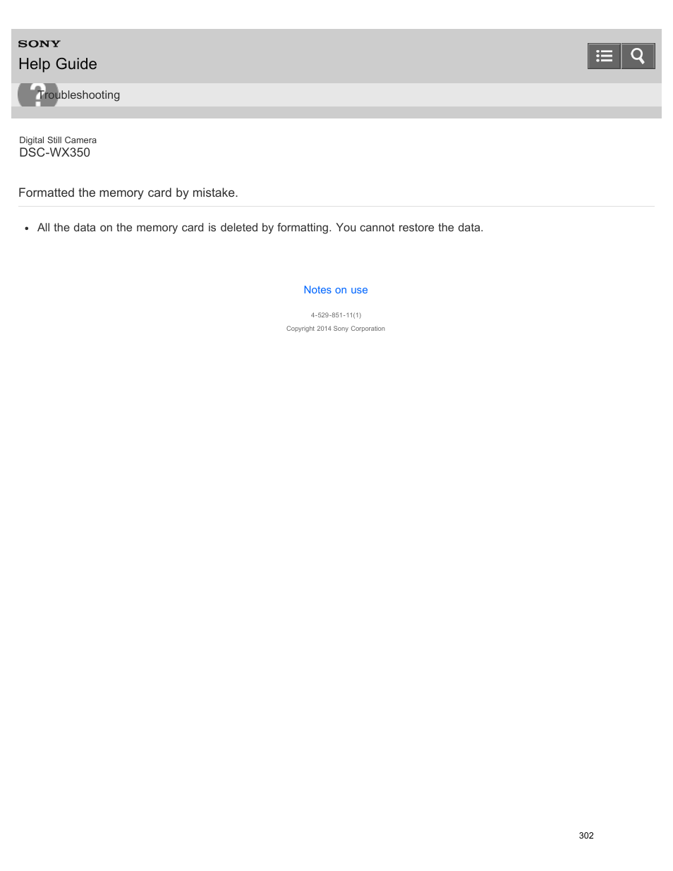 Formatted the memory card by mistake, Help guide | Sony DSC-WX350 User Manual | Page 306 / 319