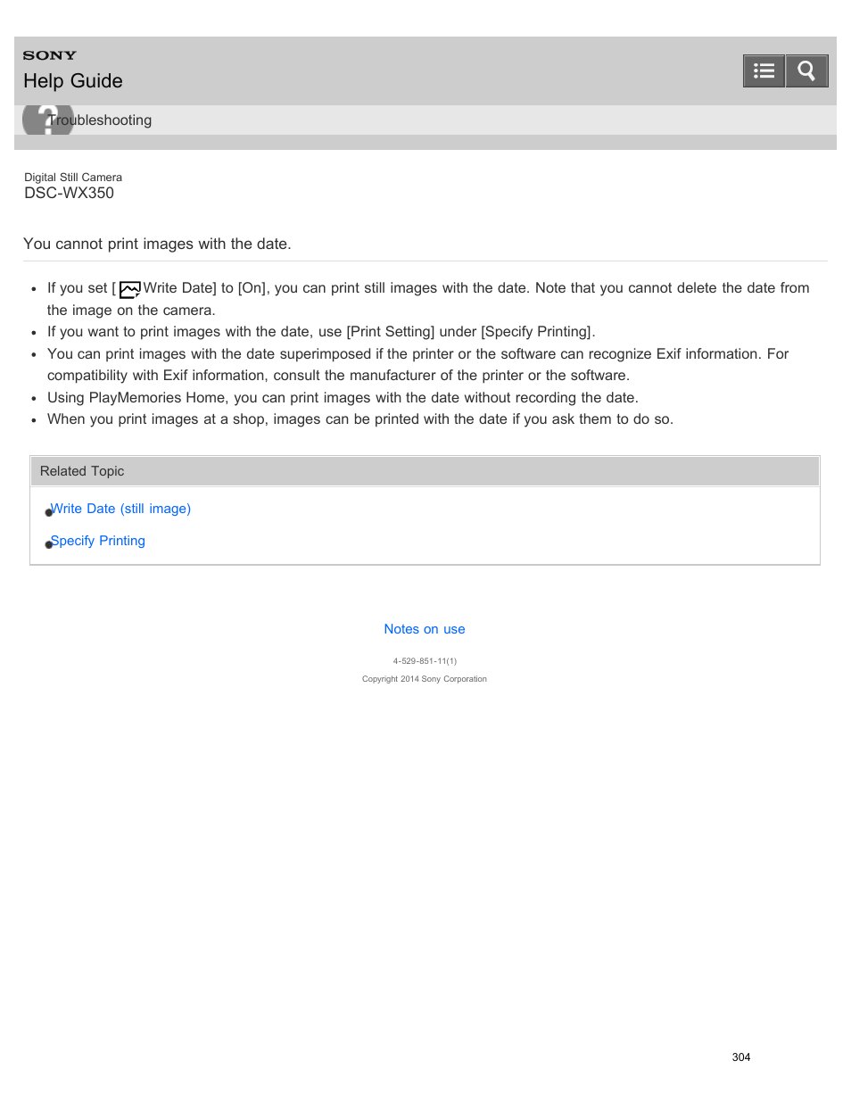 You cannot print images with the date, Help guide | Sony DSC-WX350 User Manual | Page 308 / 319