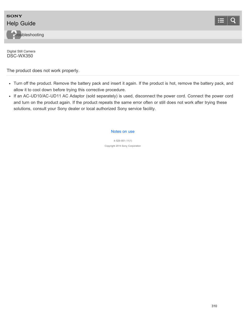 The product does not work properly, Help guide | Sony DSC-WX350 User Manual | Page 314 / 319