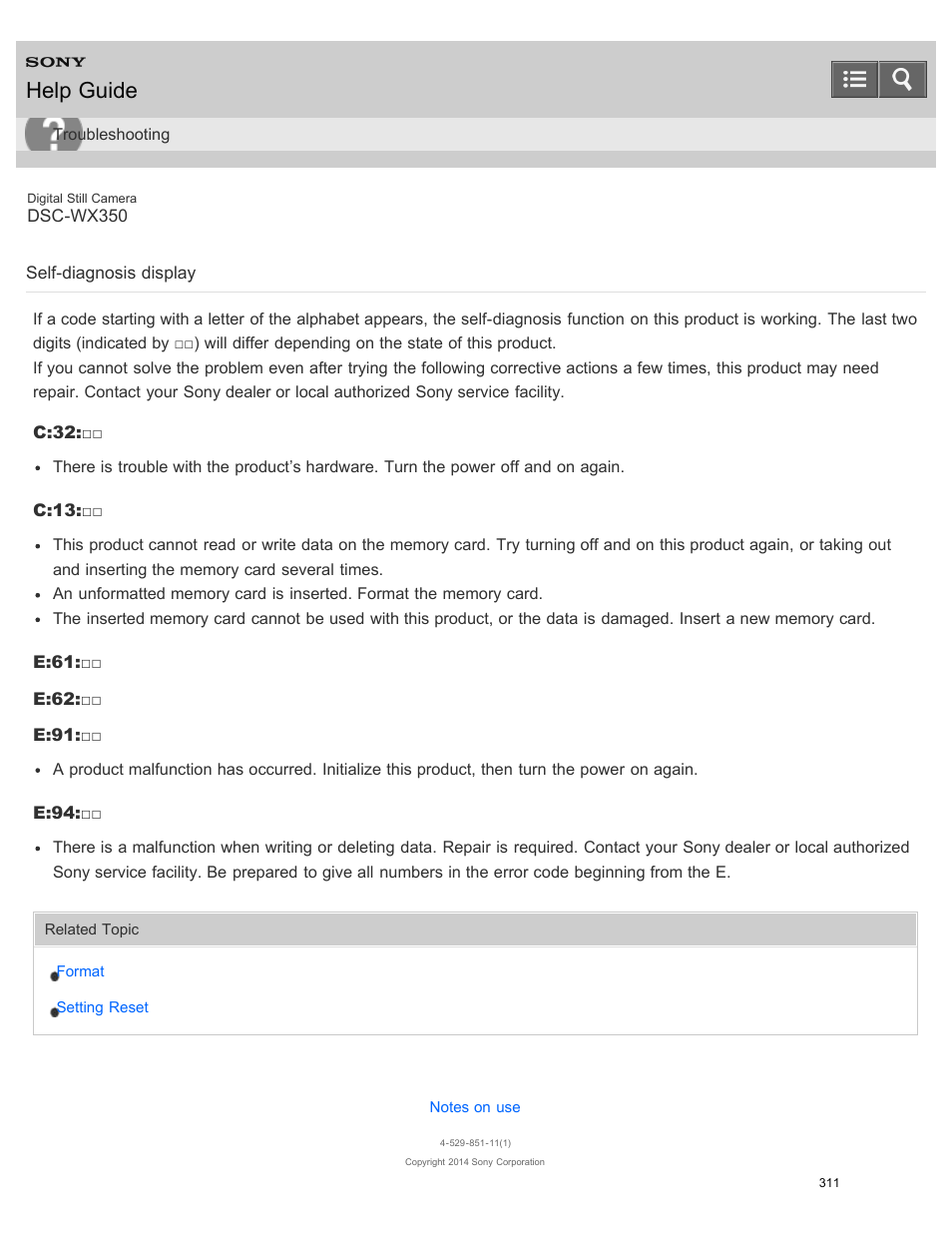Self-diagnosis display, Help guide | Sony DSC-WX350 User Manual | Page 315 / 319