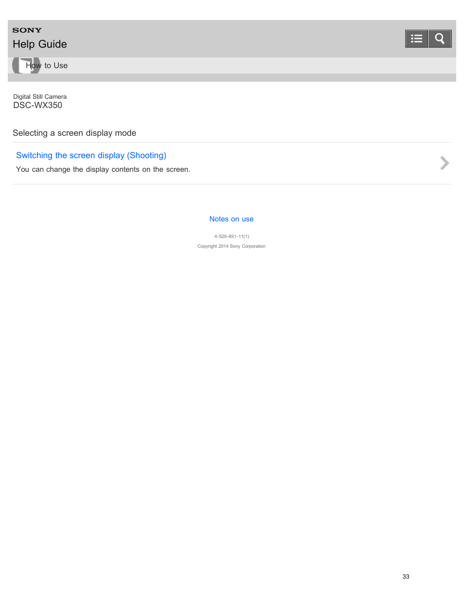 Selecting a screen display mode, Help guide | Sony DSC-WX350 User Manual | Page 37 / 319