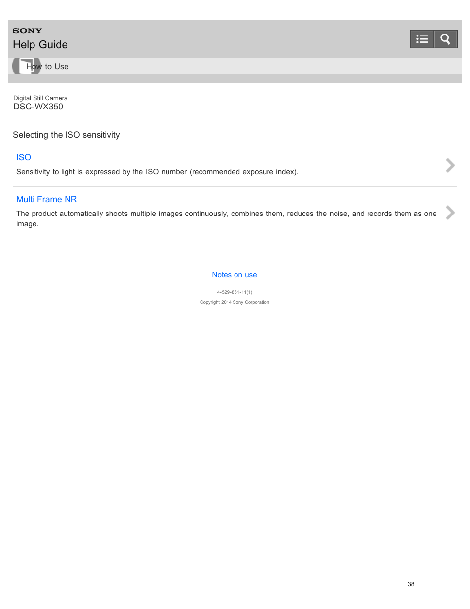 Selecting the iso sensitivity, Help guide | Sony DSC-WX350 User Manual | Page 42 / 319